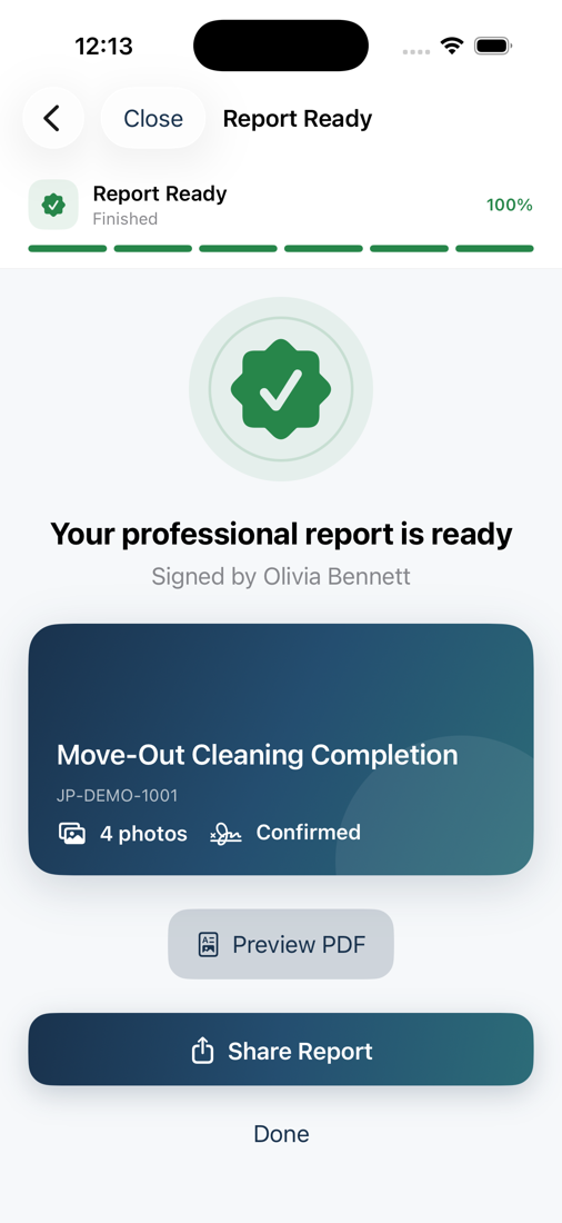 JobAttest completed report screen