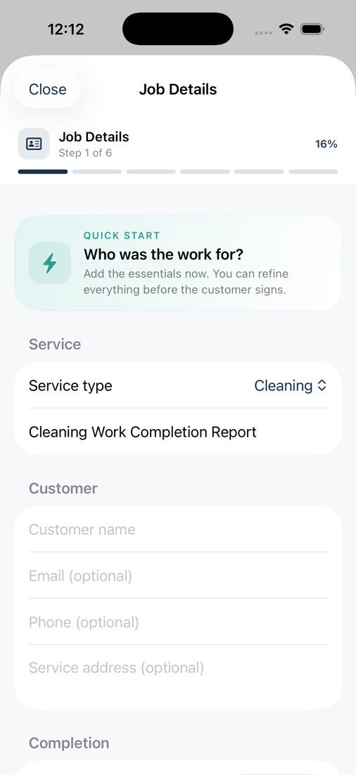 JobAttest guided report creation screen