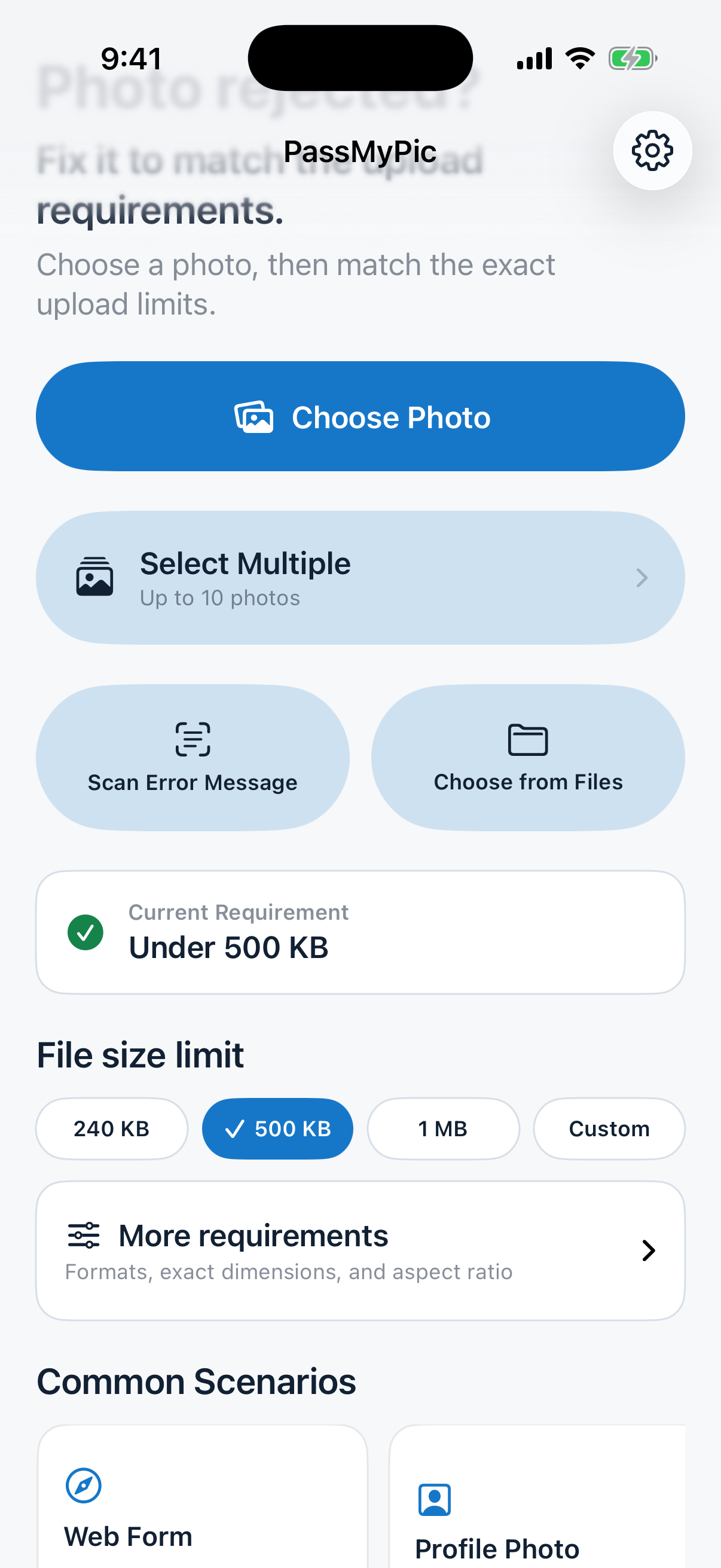 PassMyPic home screen showing a 500 KB upload limit